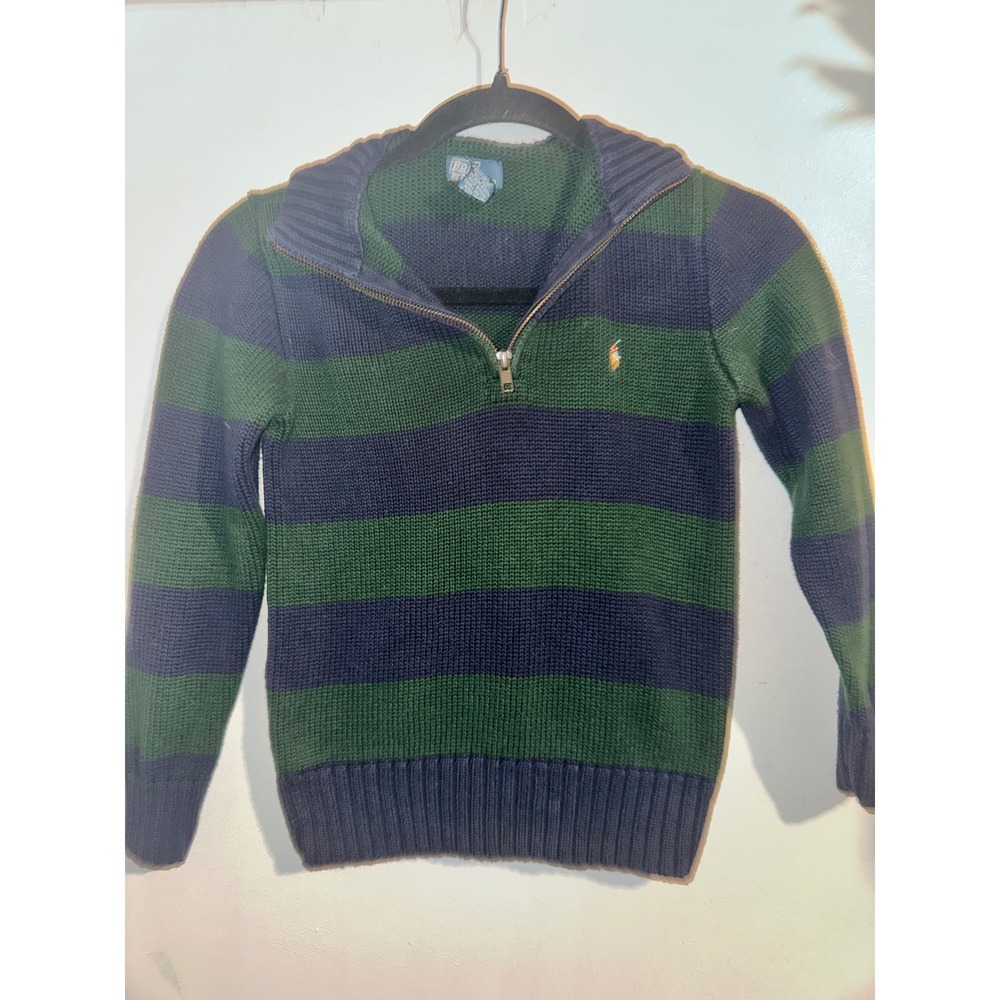 Polo Ralph Lauren Striped Quarter Zip Sweater Navy Green Cotton Knit Size 7